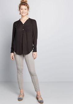 When you want a work wardrobe that's subtle, stylish, and a little bit romantic, make this breezy, black blouse your business! Everyone will want to copy the modestly marvelous style of this ModCloth-exclusive top - its gathered shoulders, low collar, and iridescent buttons always garner a good reception. Elegant Black V-neck Tunic, Black Bohemian V-neck Tunic, Long Sleeve Tunic, Work Wardrobe, Exclusive Collection, Black Blouse, First Look, Perfect Fit, Loose Fitting