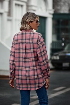 Women's Plaid Coat Oversized Long Sleeve Lapel Button Down Fall Oufit Plaid Shirt Pink Button-up Flannel Shirt For Fall, Oversized Single Breasted Button-up Top, Casual Plaid Single-breasted Top, Fall Shirt With Button Closure For Daywear, Oversized Pink Shirt With Buttons, Plaid Collared Single-breasted Top, Pink Long Sleeve Flannel Shirt For Fall, Casual Single Breasted Button-up Blouse, Casual Single-breasted Button-up Blouse