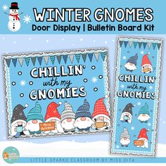 the winter gnomes bulletin board kit is shown in blue and has snowmen on it