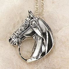 a horse's head is shown on a silver plated necklace with a chain