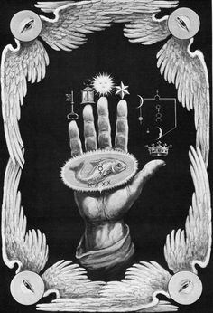 an image of a hand with angel wings in the middle and stars above it, on a black background