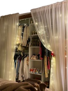 an open closet with clothes and shoes hanging on the walls, lights in the background