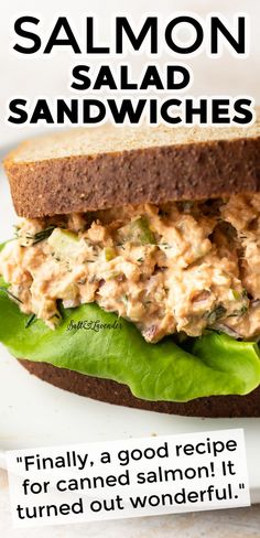 a sandwich with tuna and lettuce on it is shown in this ad for salmon salad sandwiches