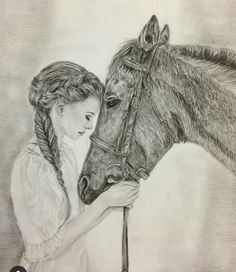 a drawing of a woman holding the bridle of a horse's head