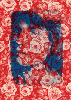 an abstract painting with red, white and blue flowers in the center on a red background