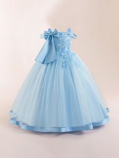 Tween Girls' Faux Pearl Applique Bow Tulle Elegant Birthday Party Dress, Suitable For Wedding Gown, Evening Gown Baby Blue Party  Sleeveless Fabric Plain,Plants Fit and Flare Non-Stretch All Tween Girls Clothing, size features are:Bust: ,Length: ,Sleeve Length: Pageant Evening Gowns, Winter Ball, Elsa Dress, Tulle Ball Gown, Blue Party, Printed Sleeveless Top, Birthday Party Dress, Wedding Party Dresses, Evening Party