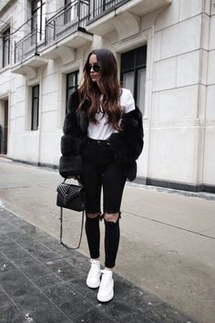 Black fur outfit and Alexander McQueen sneakers Black Fur Outfit, Alexander Mcqueen Outfit, Mcqueen Outfit, Fur Outfit, Sneakers Outfit Casual, Cute Thanksgiving Outfits, Black Leggings Outfit, Alexander Mcqueen Sneakers, Mcqueen Sneakers