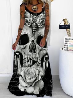 Floral Skull Print Punk Spaghetti Maxi Dress Gothic Outfit, Skull Fabric, Cat Flowers, Floral Skull, Fashion Hacks, Gothic Outfits, Halloween Prints, Skull Print, Dark Fashion