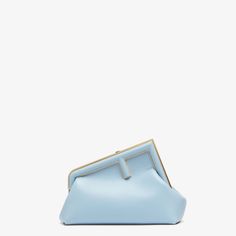 Fendi First Small - Light blue leather bag | Fendi Fendi First Bag, Couch Bag, Fendi First, Fendi Logo Design, Fendi Store, Blue Leather Bag, Serenity Blue, Fendi Logo, Brown Leather Bag