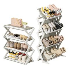 two shelving racks with shoes and purses stacked on top of eachother