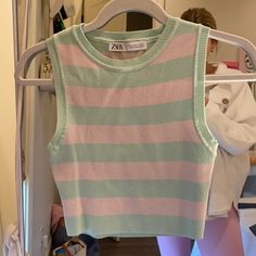 Green And Punk Striped Crop Top! Zara Nwot Size M So Cute For Spring! Zara Pink Top For Winter, Casual Pink Zara Tops, Trendy Pink Zara Tops, Pink Y2k Style Winter Tops, Pink Y2k Tops For Winter, Zara Green Summer Tops, Pink Y2k Winter Tops, Fitted Green Zara Tops, Trendy Striped Zara Tops