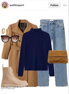 Winter 2024 Work Outfits For Women, Light Jeans Outfit Winter, Navy Coat Outfit, Camel Outfits, Blue Outfit Winter, Looks Jeans, Beige Outfit, Brown Outfit, Stylish Work Outfits