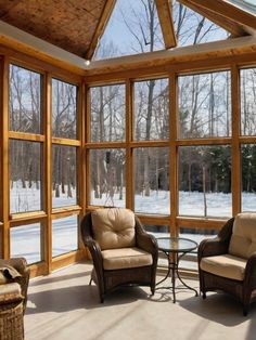 two chairs and a table in front of large windows with snow on the ground behind them