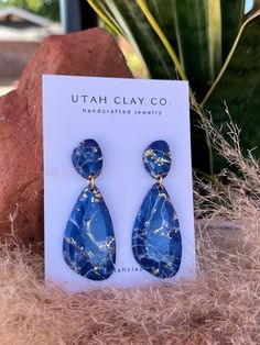 a pair of blue and gold earrings sitting on top of a rock next to a plant