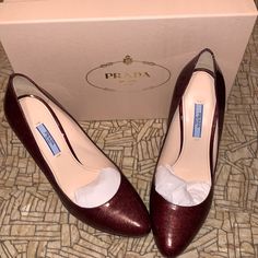 Prada Vernice St Pony Granata Heels Size 39/Size 9b Never Worn Shoes Women Heels, Prada, Shoes Heels, Women Shoes, Heels, Women Shopping