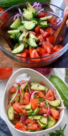 two bowls filled with cucumbers, tomatoes and onions