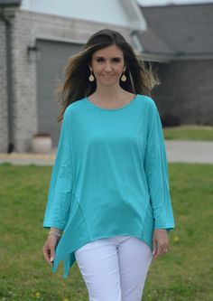 Marisima Lightweight Cotton Top in Turquoise Shirts & Tops Urban Mangoz Casual Green Tops With Asymmetrical Hem, Solid Color High-low Hem Tops For Spring, High-low Hem Tops For Spring, Spring High-low Hem Top, Spring Tops For Layering With High-low Hem, Spring Layering Tops With High-low Hem, Turquoise Long Sleeve Cotton Top, Summer Layering Tops With High-low Hem, Turquoise Long Sleeve Top For Summer