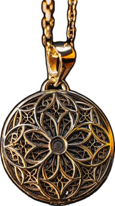 Gothic Gold Pendant Necklace, Handmade Medieval Necklaces For Larp, Gothic Gold Necklace For Gift, Gold Gothic Engraved Necklace, Gold Gothic Necklace For Gift, Gothic Gold Filigree Jewelry, Gothic Bronze Engraved Jewelry, Gothic Engraved Bronze Jewelry, Medieval Handmade Round Pendant Necklace