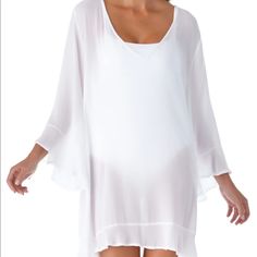 Lightweight Elegant Beach Coverup Flouncy Sleeve And Bottom V Neck White Cover-up For Brunch During Beach Season, Flowy White Breezy Cover-up, Beachwear Tops For Brunch During Beach Season, Elegant Flowy Summer Cover-up, Beach Season Brunch Tops, Flowy White Cover-up For Vacation, Flowy Tops For Beach In Summer, Flowy Beach Tops For Summer, Flowy Summer Tops For The Beach