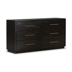 a black dresser with gold handles on it's doors and drawers, against a white background