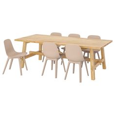 a wooden table with six beige chairs and a light colored dining set on the side