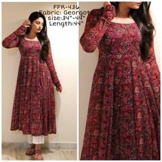 Floral Kurti Design, Stitched Kurti Designs, Georgette Kurti Design, Frock Kurti Design, Kurti Designs For Stitching, Anarkali Kurti Design, Printed Georgette Dress, Kurthi Design, Maroon Anarkali