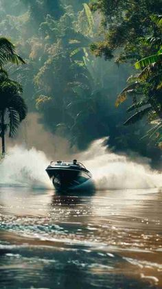 a speed boat speeds through the water near palm trees