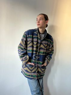 Wonderful Vintage Berto Lucci Wool Jacket with Aztec print Very Good Vintage condition! Suitable for spring, fall. Size: oversized L/XL men and oversized 2XL women (Note: we only have ONE piece in stock. If more than one size is mentioned, it means this item will work on a range of sizes.) Models' measurements in cm: Height 180 Weight 70 kg Shoulders width: 46 Chest circumference 90 Waist circumference 78 Hips circumference 90 Leg inseam (from pelvic area to heel) 89 Sleeve (from shoulder to hands knuckles) 70  ✈️        FAST SHIPPING with DHL EXPRESS! ☎️+ 💌 Provide phone no and email for DHL courier to have a smooth shipping. We deliver worldwide with DHL Express. ▪️ European countries         1-2 days ▪️ Canada/US/Japan/etc.    3-5 days  🟥  Returns & Exchange Policy We accept returns o Casual Multicolor Relaxed Fit Outerwear, Vintage Oversized Outerwear For Outdoor, Relaxed Fit Multicolor Outerwear With Pockets, Multicolor Relaxed Fit Outerwear With Pockets, Oversized Multicolor Outerwear For Cold Weather, Oversized Vintage Outerwear For Cold Weather, Vintage Green Relaxed Fit Outerwear, Green Vintage Outerwear With Relaxed Fit, Vintage Oversized Blue Outerwear