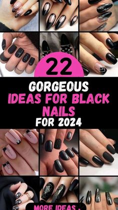 Black Glitter Matte Nails, Classy Black Nails Coffin, Black Fingernails Designs, Nail Designs Geometric Lines, Different Shades Of Black Nails, Oval Black Nails Design, Nye Nails Almond Shape Black, Flat Black Nails Designs, Black Ombre Nails With Glitter