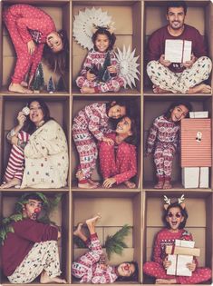 a group of people dressed in pajamas and holding christmas presents are sitting in an open box