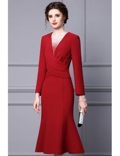 Elegant Burgundy Knee Length Fishtail Party Dress with Long Sleeves Elegant Dresses With Mermaid Hem For Fall, Elegant Mermaid Hem Dress For Fall, Fitted Red Long Sleeve Dress For Evening, Fitted Long Sleeve Evening Dress For Fall, Elegant Long Sleeve Red Dress For Fall, Elegant Long Sleeve Evening Dress For Party Season, Elegant Fitted Long Sleeve Dress For Party Season, Long Sleeve Evening Dress For Winter Dinner, Long Sleeve Winter Evening Dress For Dinner