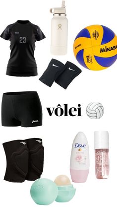 various items are arranged in the shape of a volleyball ball, water bottle and gloves