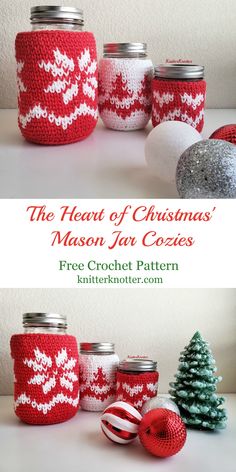 the mason jar cozyies are knitted in red and white with silver glitters