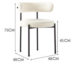 a white chair with black legs and measurements for the seat height, from front to back