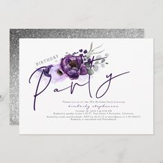 a purple and silver birthday party card