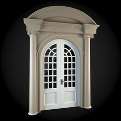 an arch with two doors and columns on a black background