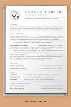 a professional resume template with a doctor's stethoscope on the cover