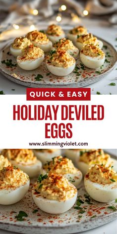 deviled eggs on a platter with holiday deviled eggs in the background and text overlay that reads quick & easy holiday deviled eggs