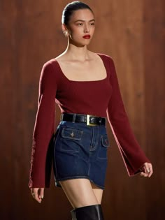 Rok Mini, Button Sweater, Cashmere Blend Sweater, Foto Art, Straight Neckline, Mode Inspo, Rainbow Dash, Looks Vintage, Denim Mini Skirt