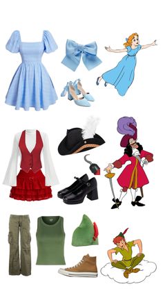 several different types of clothing and shoes are shown in this image with the same color