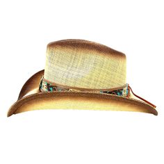 Tightly woven straw cowboy hat for sun protection. Distressed look created with stained crown and brim edge. Classic cowboy up curled brim, 3" wide. Faux leather band with brass color turquoise beaded concho. Wide elastic comfort sweatband. One size, best fit 57-59 cm. 100% straw Straw Hat Bands With Short Brim For Rodeo, Fitted Sun Hat For Kentucky Derby At Ranch, Fitted Sun Hat For Kentucky Derby, Straw Brimmed Western Hat, Brimmed Straw Hat For Rodeo, Adjustable Straw Panama Hat For Western-themed Events, Western Straw Brimmed Fedora, Short Brim Straw Hat For Western-themed Events, Western Straw Fedora Hat