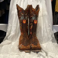 New! Never Worn! Beautiful Cowboy Boots. Brown Floral Print Boots For Fall, Western Boots With Floral Print For Fall, Embroidered Snip Toe Boots For Rodeo, Fall Floral Embroidered Boots With Round Toe, Bohemian Boots With Floral Embroidery For Fall, Bohemian Fall Boots With Floral Embroidery, Fall Floral Embroidered Round Toe Boots, Floral Embroidery Round Toe Boots For Fall, Bohemian Floral Embroidered Boots For Fall