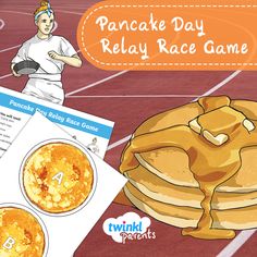 a pancake day relay race game with pancakes on the side and a person holding a plate