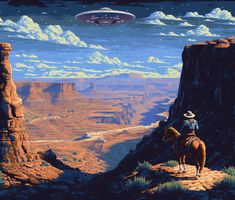 a painting of a man on a horse looking out at the desert with an alien hovering above