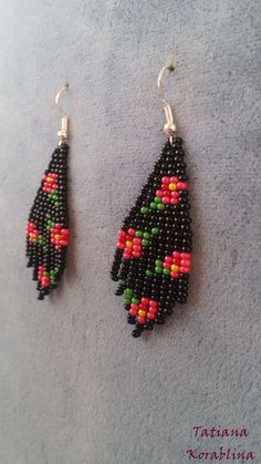 "These handmade author's earrings are made of high-quality Czech beads and strong synthetic thread. In these unique earrings I use my author's scheme Abstract flowers minimalism .They are elegant, fashionable, and highly versatile, suitable for everyday wear. Color: base color- black and other colors(cherry, burgundy, yellow, green). 100% hand made with love! Measurements: Length- about 6,5 cm( 2,56\") ,Width -2 cm (0,79\") Materials: Sterling silver components Czech glass beads Nylon Thread" Bead Chandelier, Beaded Chandelier Earrings, Small Boho, Buy Earrings, Beaded Chandelier, Print Flower, Black Floral Print, Beaded Fringe, Earrings Black