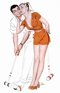 a man kissing a woman on the cheek with a golf club in front of her