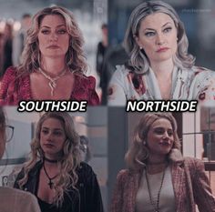 two women with different facial expressions and the words southside, northside written on them