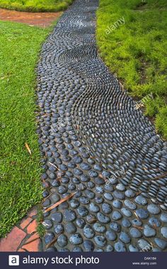 a path made out of stones in the grass