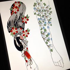 an artistic drawing of two legs with flowers and leaves on the leg, one holding a flower