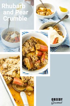 three different bowls filled with food on top of a blue and white table cloth next to spoons